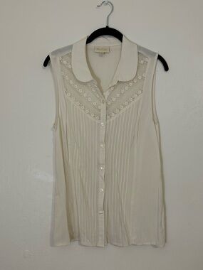 ModCloth Cream Sleeveless Button-Front Lace Yoke Top
